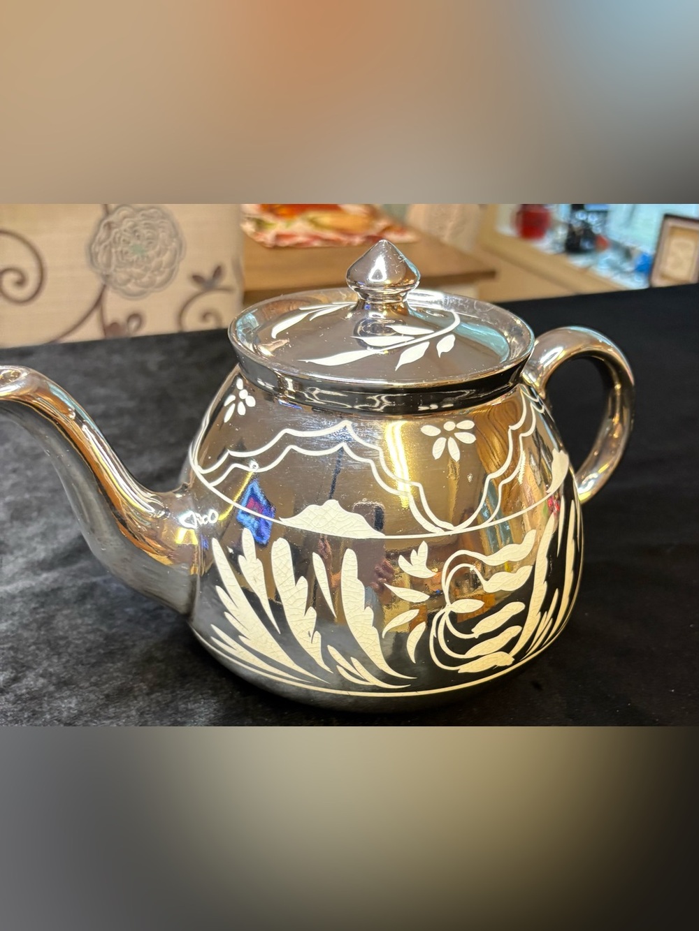Gibson Mirrored Silver-Tone Decorative Teapot with Etched Floral Motif - Picture 3 of 6